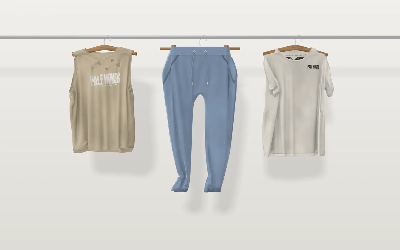 Ein Look: Tanktop, Hose und T-Shirt an einer Stange