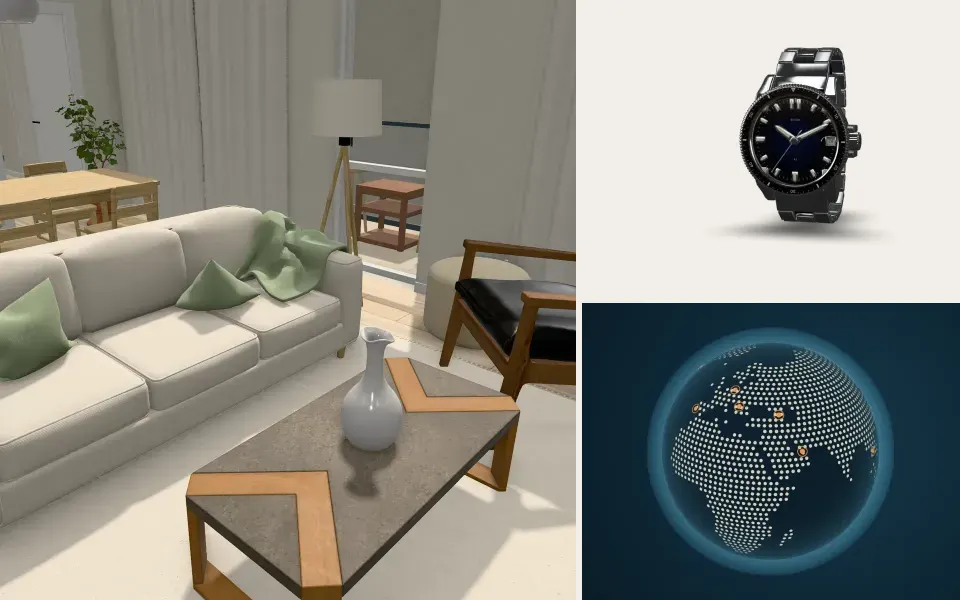 Beispiele für die Arbeitsweise: ein Interieur-Editor, ein 3D-Uhren-Viewer und ein Globus mit Routen